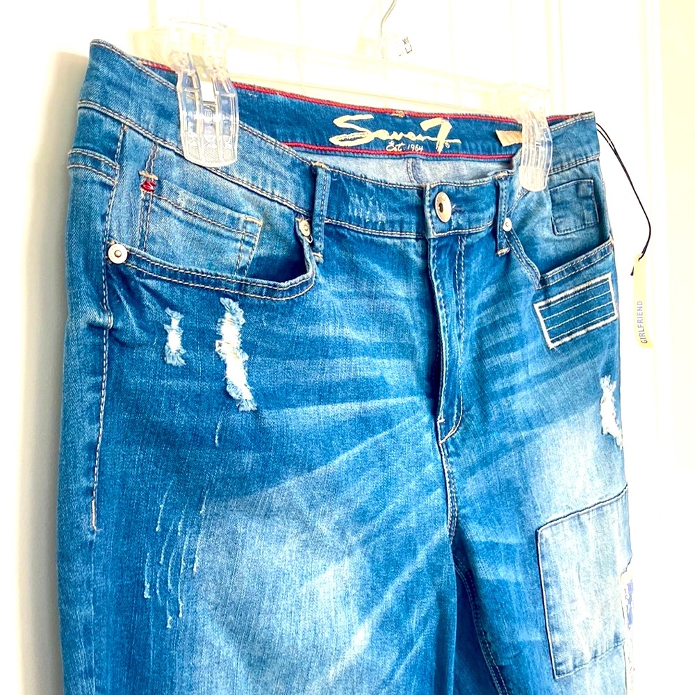 Seven7 Girlfriend Jeans Sz 14 Womens Blue Stretch Denim Distressed Patchwork NEW - Picture 6 of 12